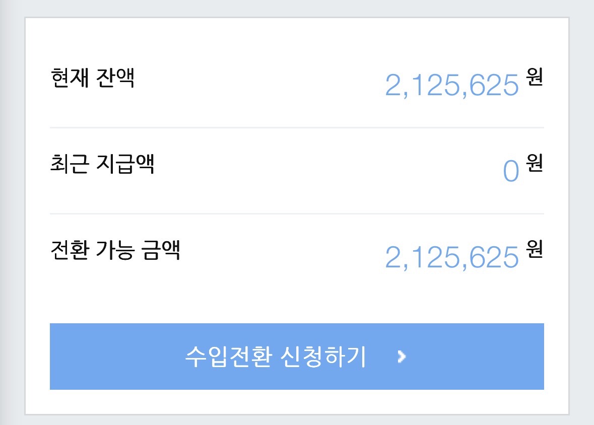 애드포스트 정산 화면 — 전환 가능 금액 2,125,625원
